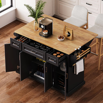 Ball & Cast Large Kitchen Island with Rubber Wood Drop Leaf,Embossed Texture Rolling Kitchen Cart On 4 Wheels W/4 Doors & 3 Drawers,Mobile Kitchen Islands W/ Storage for Kitchen,Dining Room,Black,54"