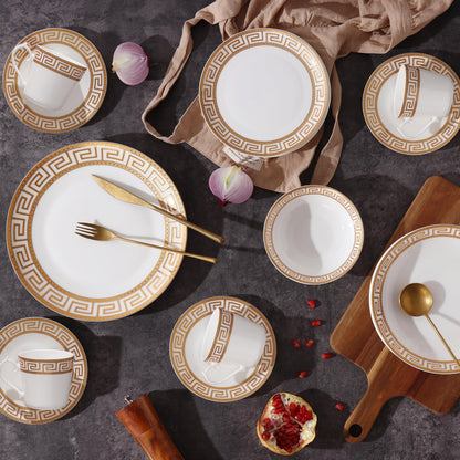 Lorren Home Trends 24 Piece Bone China Dinnerware Set with Gold Greek Key Design, Service for 4, White