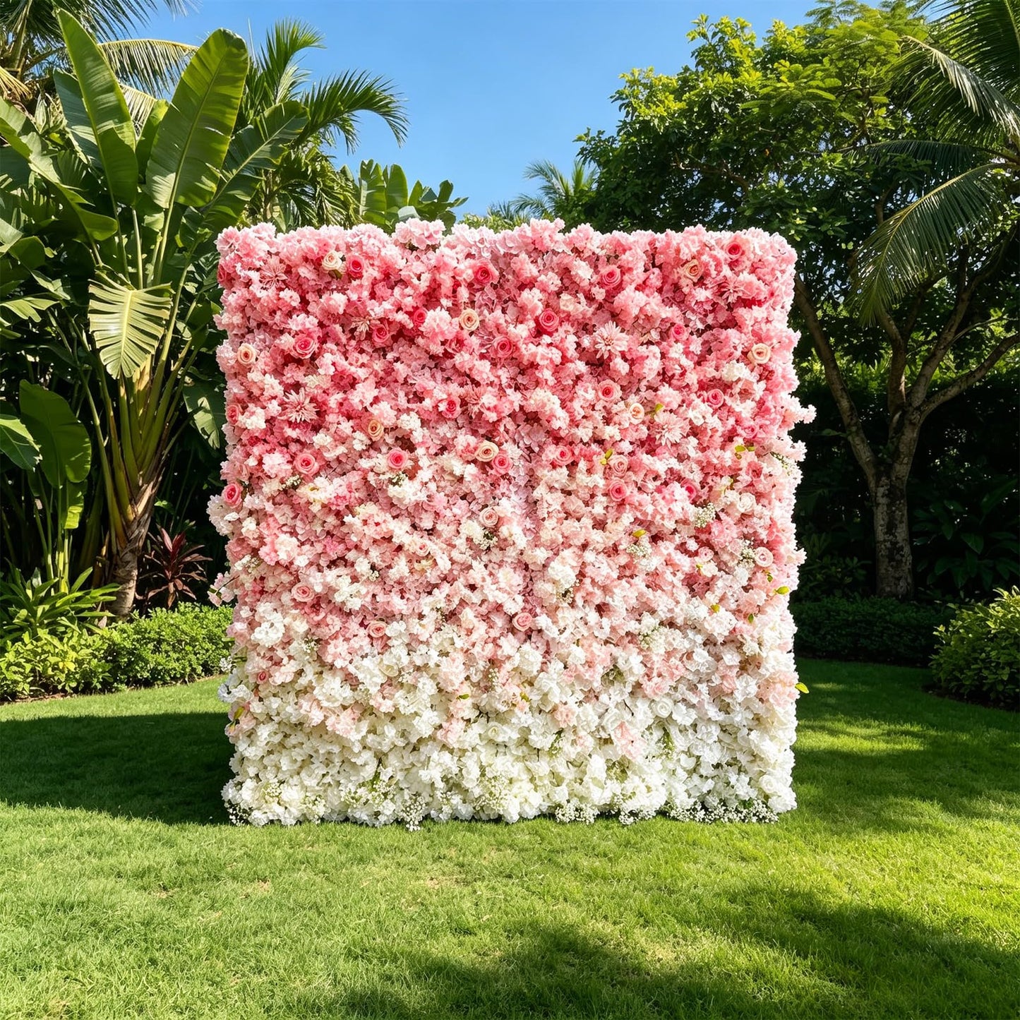 5D Realistic Rose Flower Wall Backdrop, 8×8FT Reusable Flower Wall Panel, Easy to Install & Store, Ideal for Wedding, Birthday Party & Home Decoration, Pink-to-White Gradient, Without Stand