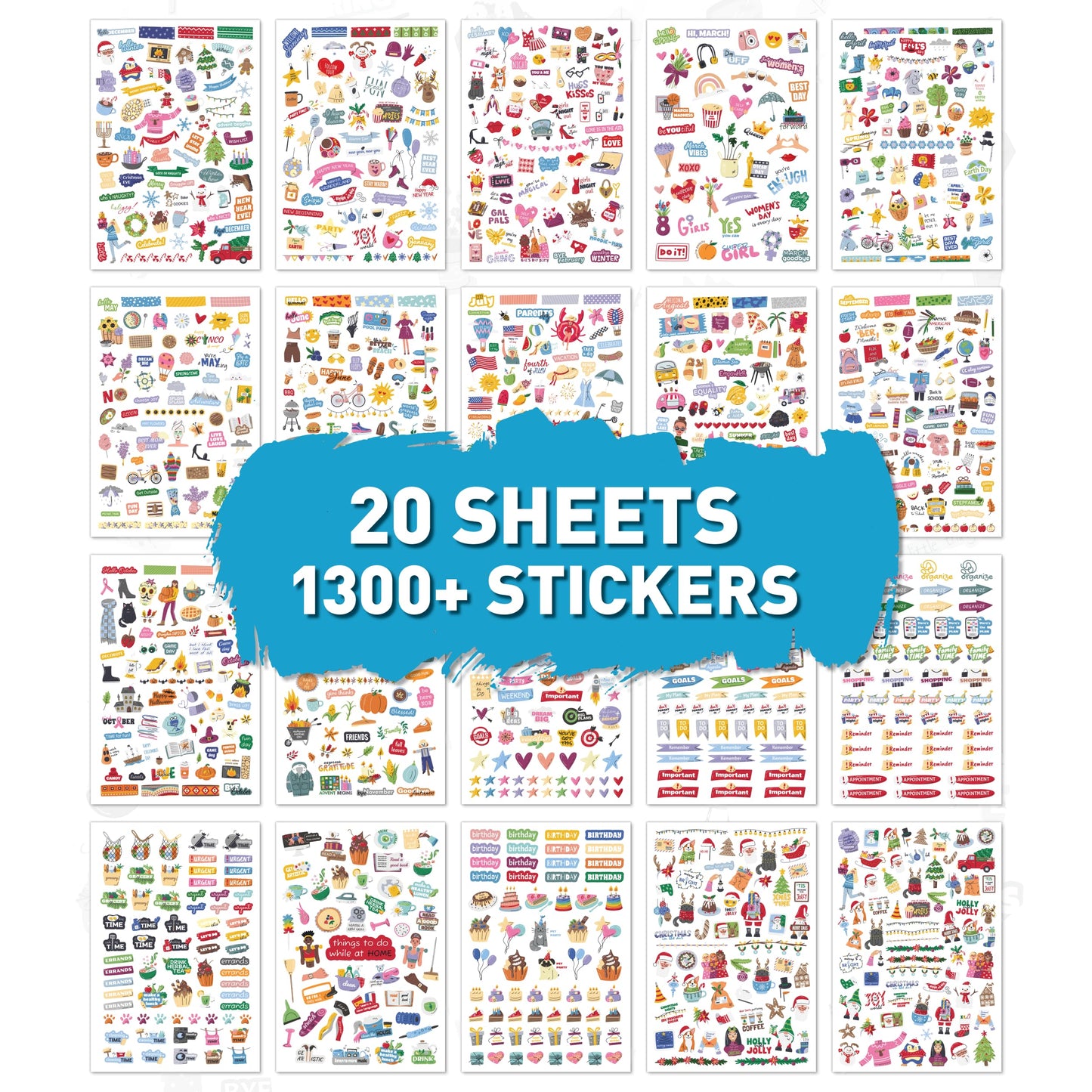 Holiday Seasonal Planner Sticker - Daily, Weekly & Monthly Calendar Stickers for Women, Men, Kids, Teachers & Students - Over 1300 Unique Hand-Drawn Stickers on 20 Sheets Per Pack!