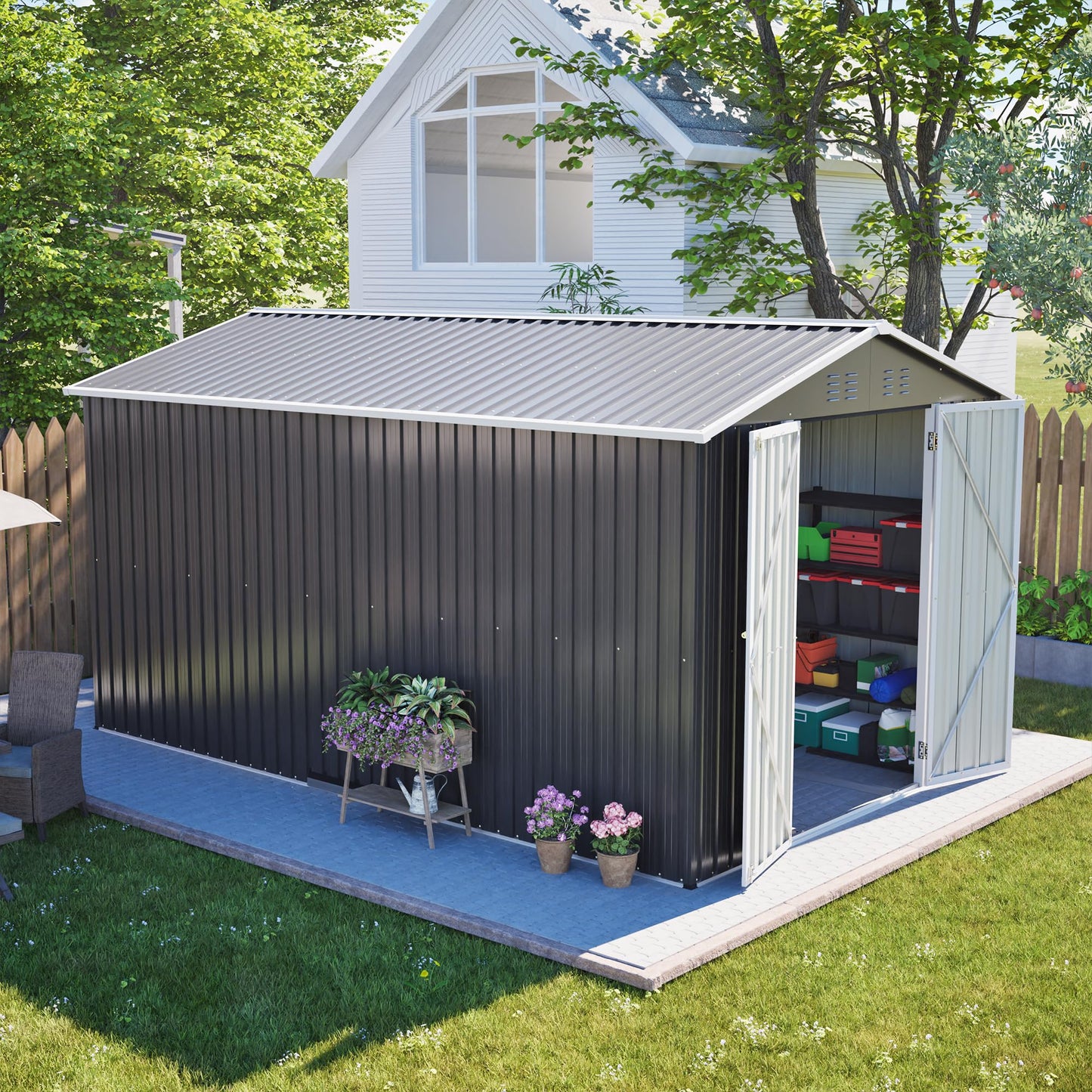 YOPTO 8x12 FT Large Outdoor Storage Shed with Lockable Doors & Floor Base,Weather-Resistant Metal Tool Shed for Garden, Backyard,Patio,Lawn,Gray