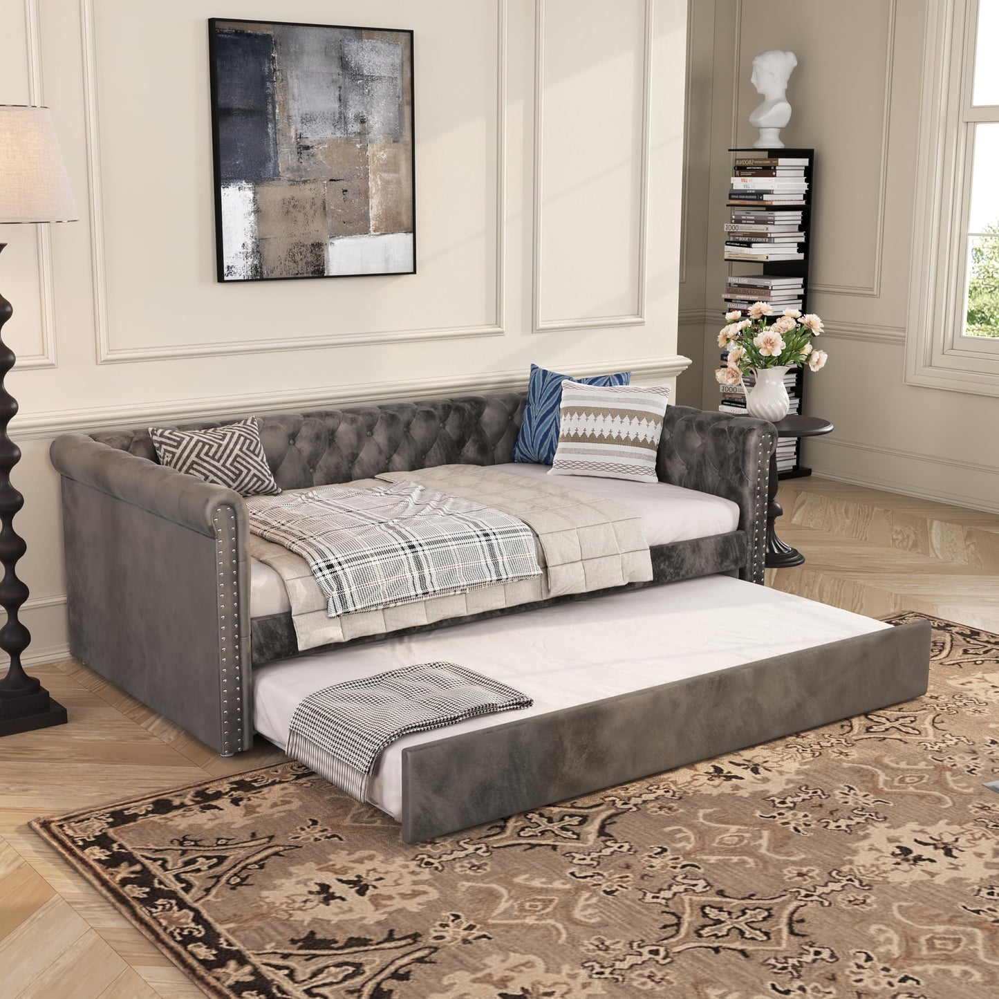 Christopher Knight Home Upholstered Daybed with Trundle, Twin Size Trundle Sofa Bed, Couch Bed with Backrest and Curved Armrests, No Box Spring Needed, for Living Room, Bedroom and Guest Room, Grey