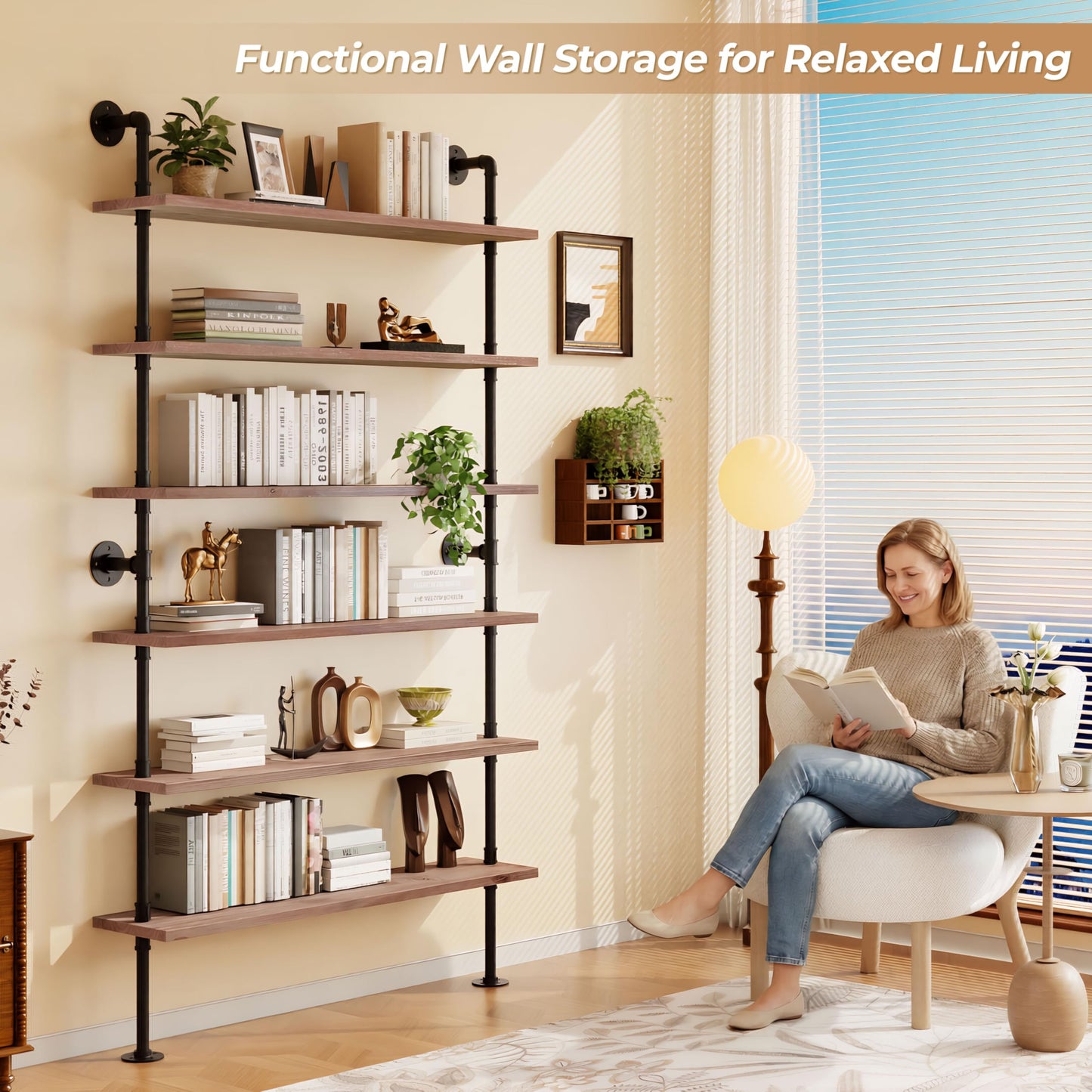 Anynice Industrial Ladder Pipe Shelf, Wall Mounted Wood Metal Bookshelf for Living Room Storage (Weathered Brown, 6 Tier - 10" D x 48" W x 82.5" H)
