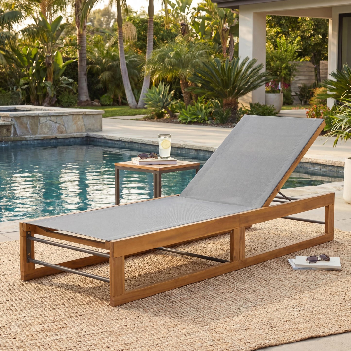 Christopher Knight Home Tristz Patio Chaise Lounge Chair Outdoor, Acacia Wood Sunbathing Pool Lounger with Breathable Mesh Seat, Adjustable Backrest Reclining Chair, Single Lounger, Dark Grey