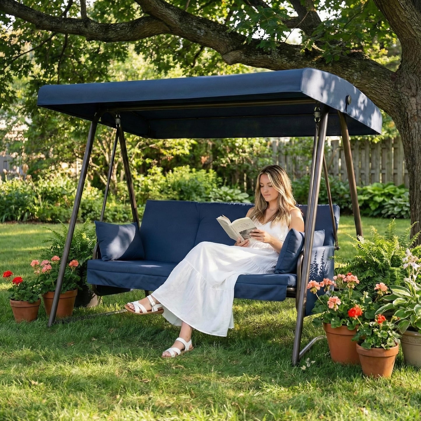 Terravoy Porch Swing Sofa Bed with Stand and Canopy, Outdoor 3-Seat Bench Swing Heavy Duty, Patio Extra Large Swing Bed with Rain Cover