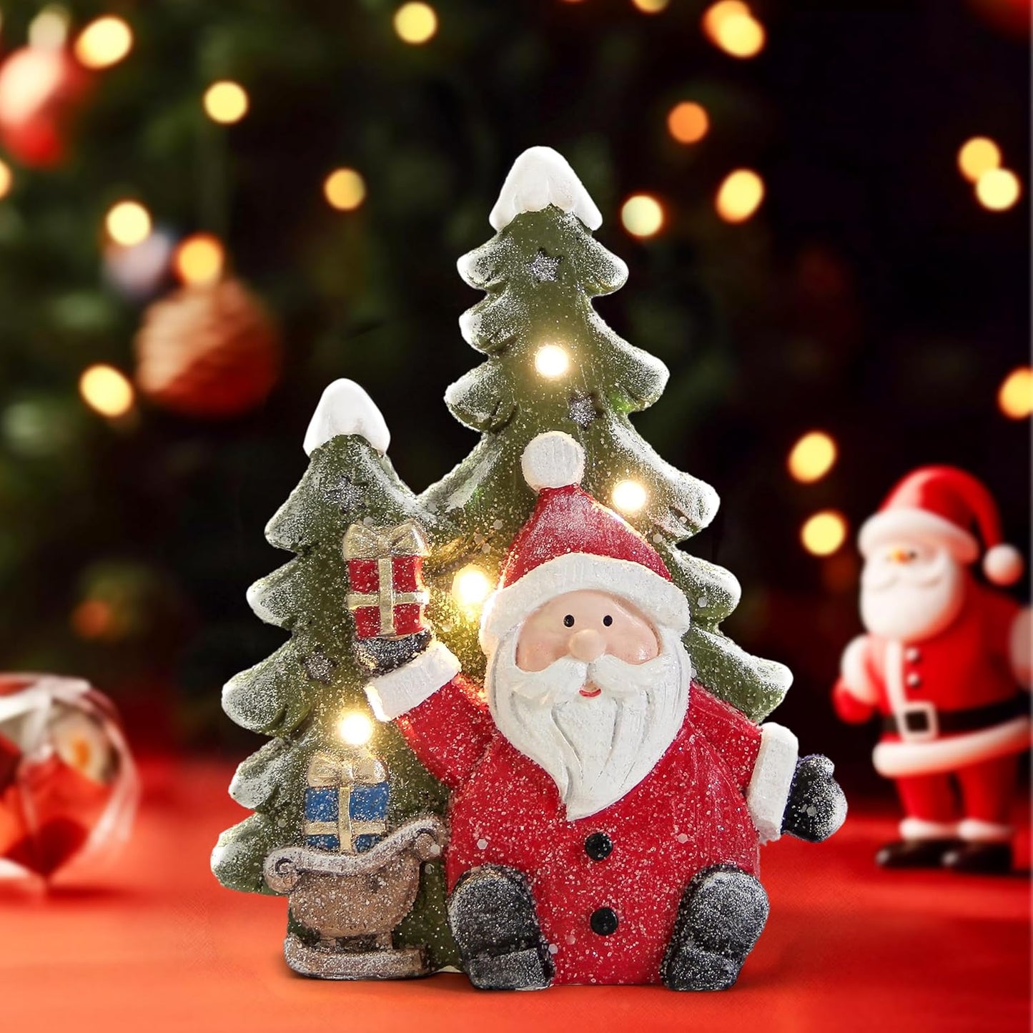 Santa Claus Statues - Christmas Decorations for Indoor Holiday Decor | Light-Up Tree Figurines for Table & Mantle