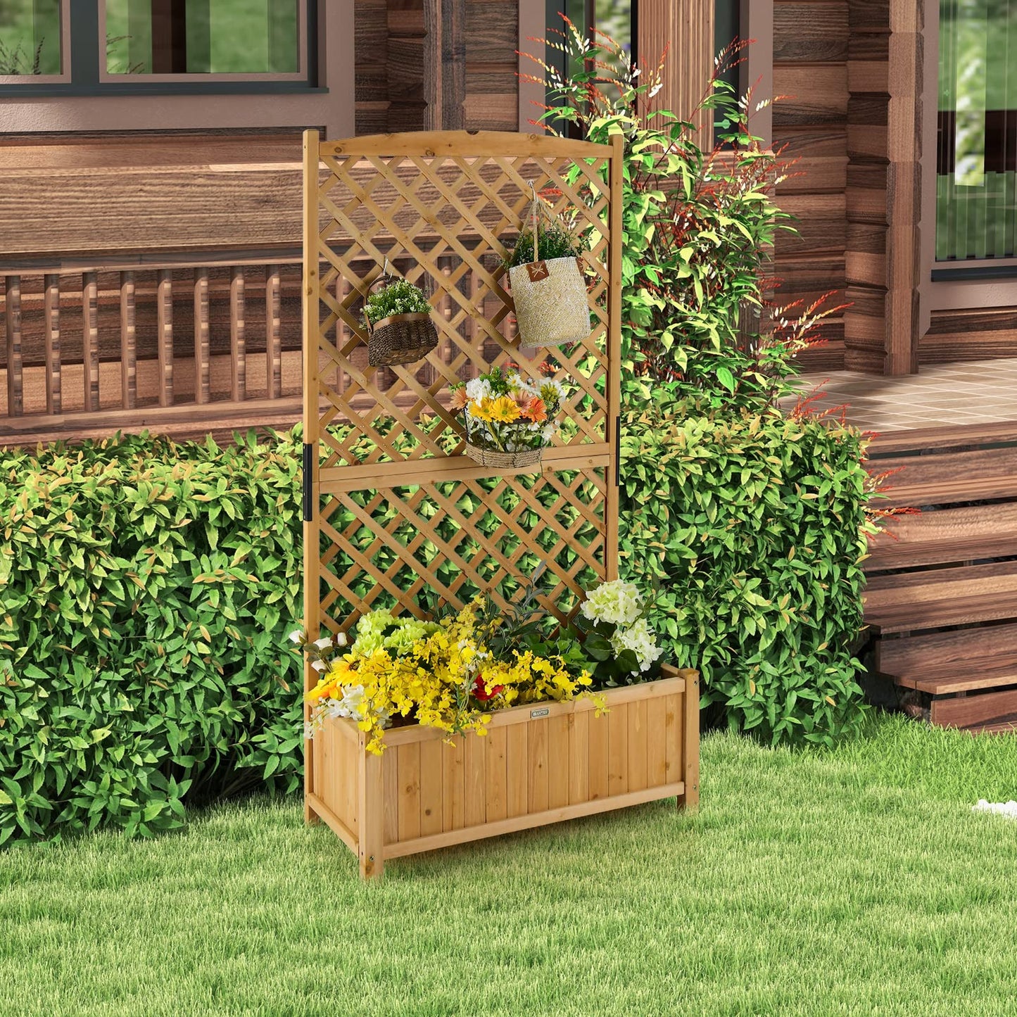 Giantex Raised Garden Bed with Trellis 2 Pack, 72'' Wooden Planter Box Outdoor w/Privacy Screen Roof, Large Vertical Garden Planter w/Drainage Holes for Climbing Plants, Patio Balcony Backyard