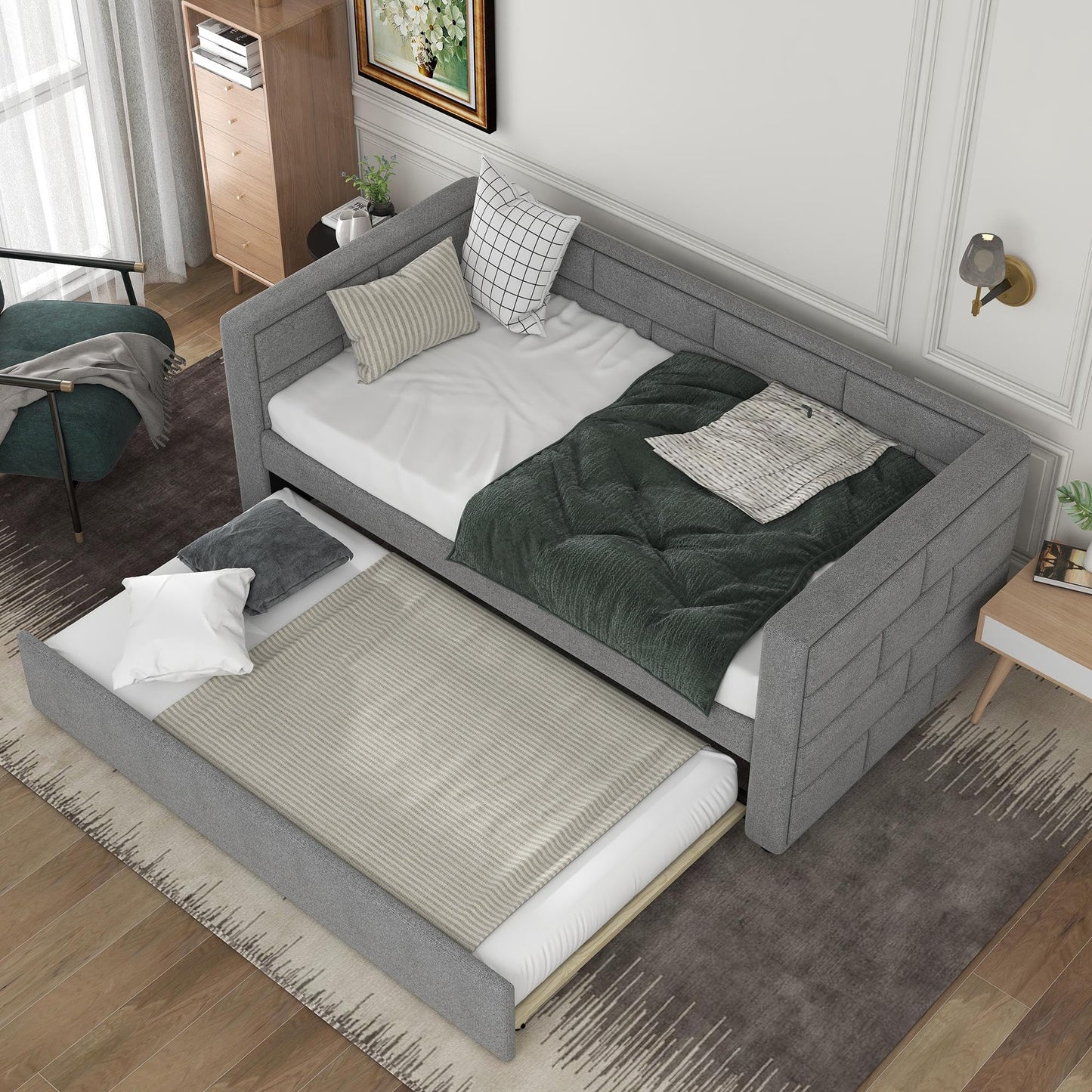 GDFStudio Twin Upholstered Daybed with Trundle, Fabric Daybed Frame with Padded Back and Sides, Pull-Out Sofa Bed for Living Room Bedroom Guest Room, Gray