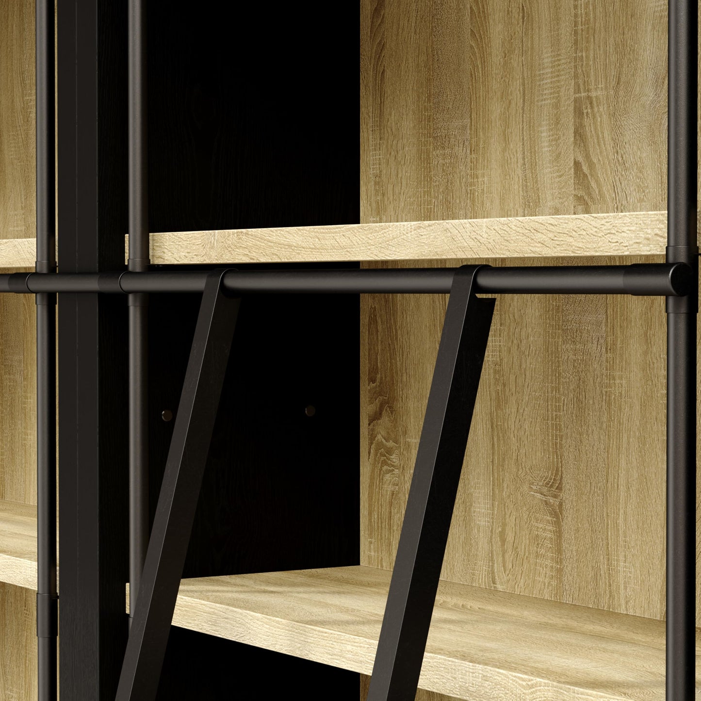 Homsee Traditional 86.6-inch Tall Bookcase Wall with Ladder, 6-Tier Office Bookshelf Storage Organizer, Display Shelf Unit for Home Office, Living Room, Black & Wood Grain
