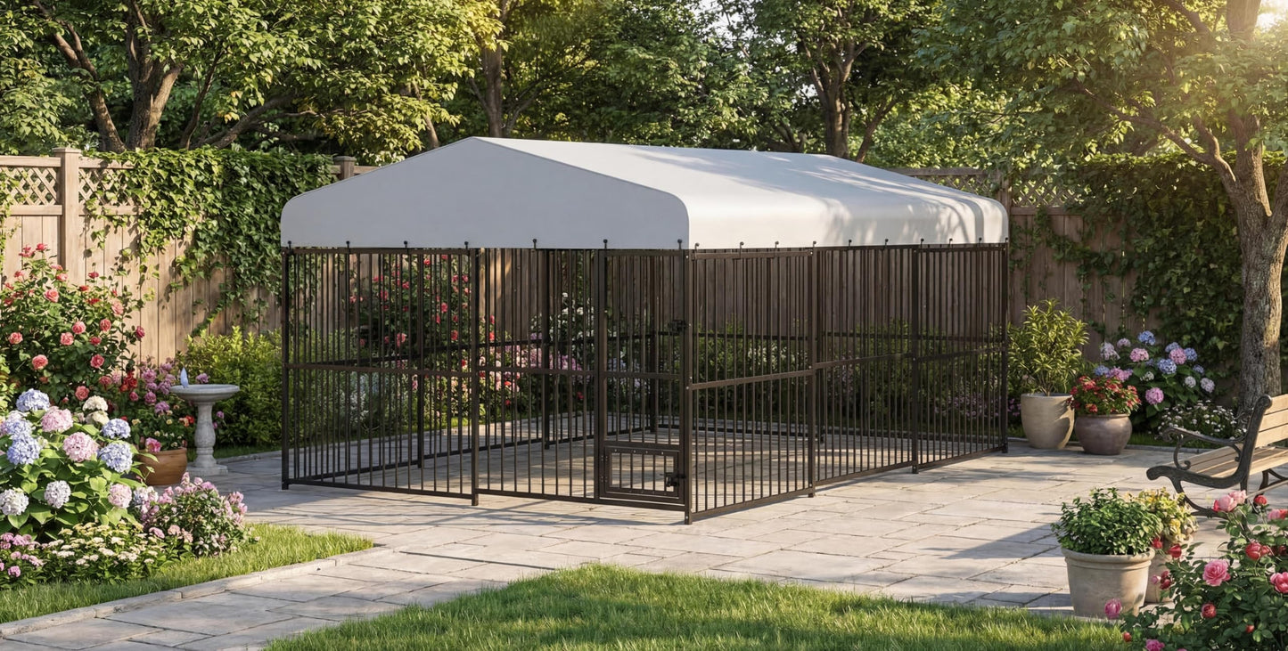 10 x 15 FT Large Outdoor Dog Kennel, Heavy Duty Outside Dog Kennel with Waterproof Cover Roof, Galvanized Metal Frame, Secure Lock, and Included Bowls for Backyard, Park, or Garden
