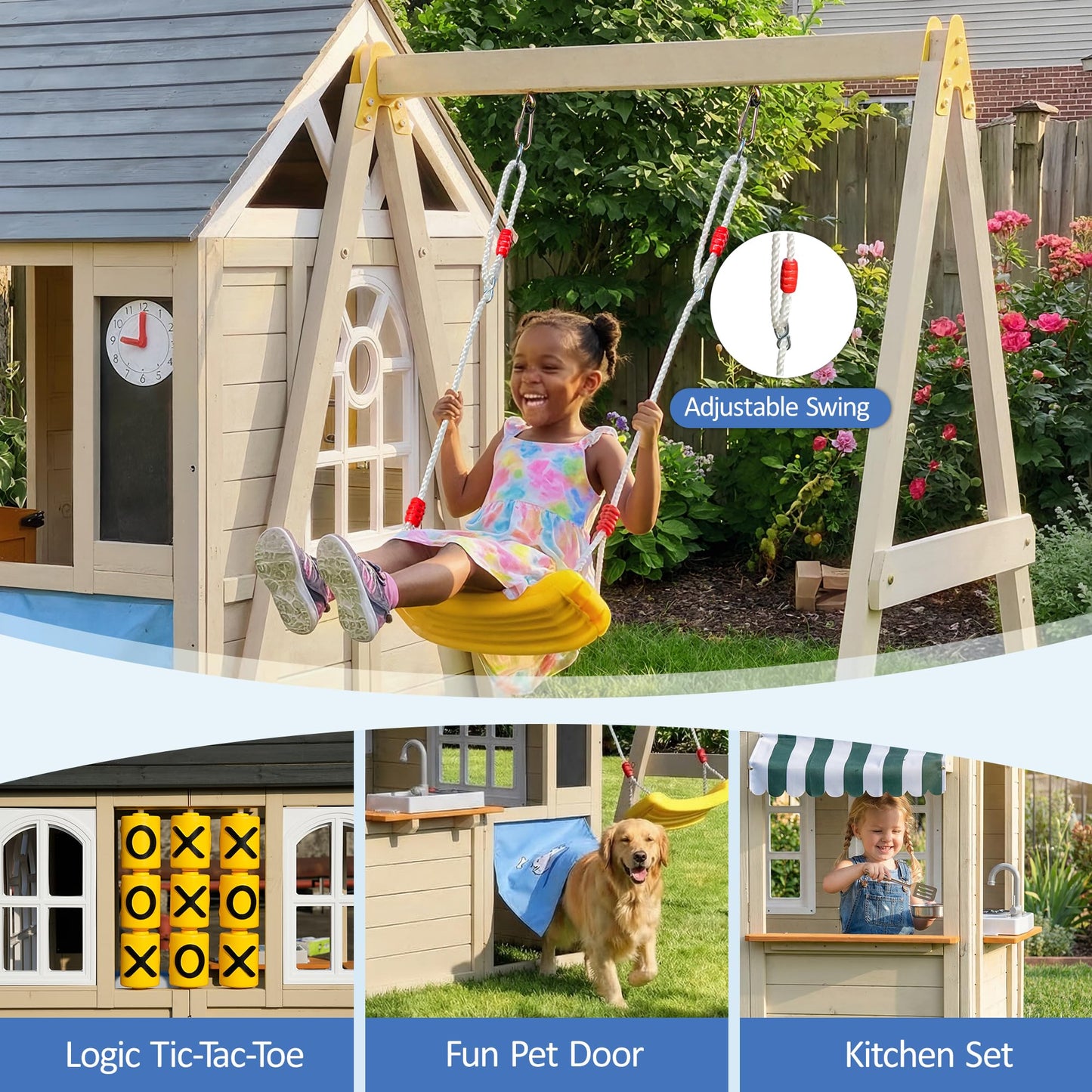 Aivello Cedar Wooden Playhouse with Swing Set for Kids, 2-in-1 Outdoor Backyard Playset with Tic-Tac-Toe Game, Play Kitchen, Pet Door & Doorbell, Space-Saving Kids Playhouse for Ages 3-8