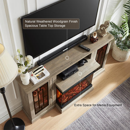 Unineo 59 Inch LED TV Stand with 3-Side Glass Fireplace, Modern Media Entertainment Center Console Table for TVs up to 65 Inch with Adjustable Color, 24’’ Fireplace, Highboy, Grey Wash