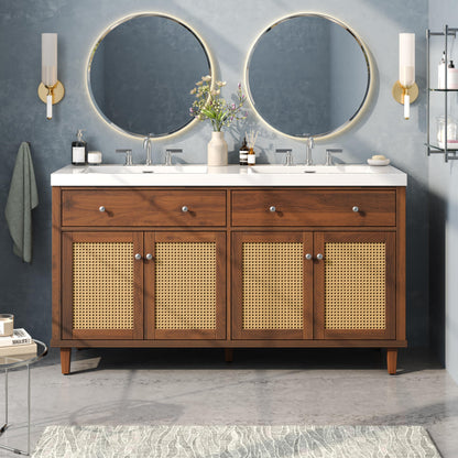 Merax 60 Inch Bathroom Vanity with Double Sink (SMC Sink), Large Storage Space with 2 Tip-Out Trays/Flip-Out Drawers and 4 Soft Closing Doors, Solid Wood Legs and Silver Metal Knobs, Brown