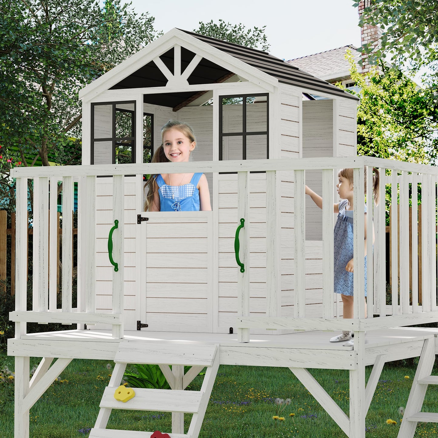 2 Story Wooden Playhouse with Climbing Wall, Outdoor Wooden Playhouse with Step Ladder, Elevated Modern Cedar Playhouses Kids