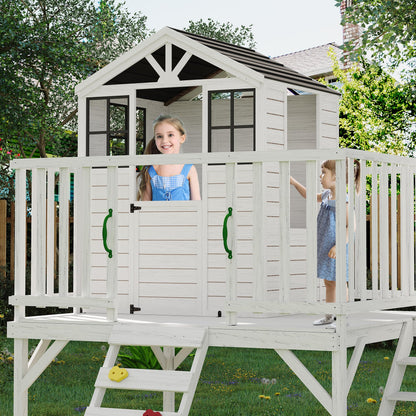 GarveeLife Outdoor Wooden Playhouse with Climbing Wall, 2 Story Wooden Playhouse with Step Ladder, Elevated Modern Cedar Playhouses Kids