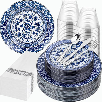 Hioasis 175PCS Blue Plastic Plates - Floral Disposable Dinnerware Set for 25 Guests, Include 50 Dinner & Dessert Plates, 75 Silver Cutlery, 25 Napkins, 25 Cups Perfect for Party (Art Style)