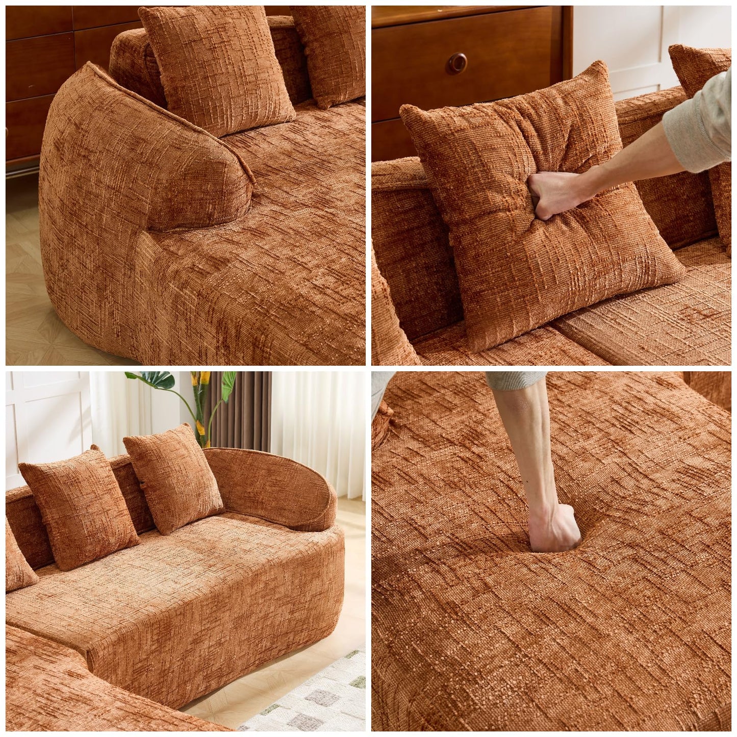 Trygoal L Shaped Compression Sofa, Modular Couch with Curved Armrests & 4 Coordinating Pillows, Modern 101'' Chenille 4 Seater Sofa with Wide Seat for Living Room, Bedroom, No Assembly, Orange