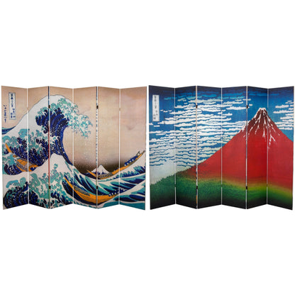 Red Lantern 6 ft. Tall Double Sided Hokusai Room Divider - Great Wave/Red Fuji 6 Panel Freestanding Folding Privacy Screen Partition and Separator for Modern and Contemporary Bedroom Home Office Dorm