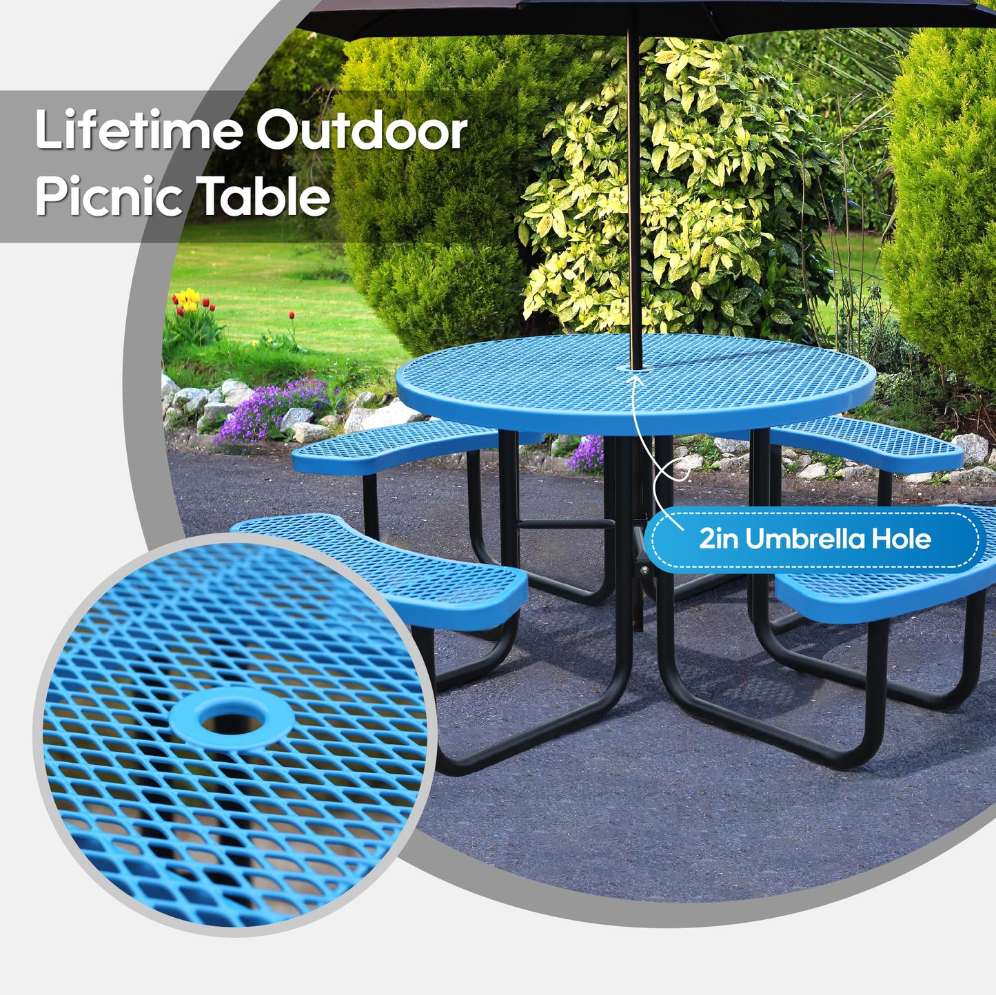 Sunnibety 8-Person Picnic Tables for Outdoors, Industrial 46" Expanded Metal Round Picnic Table with 4 Benches & Umbrella Hole, Outside Table and Bench Set for Park, Garden, Backyard, Patio, Blue