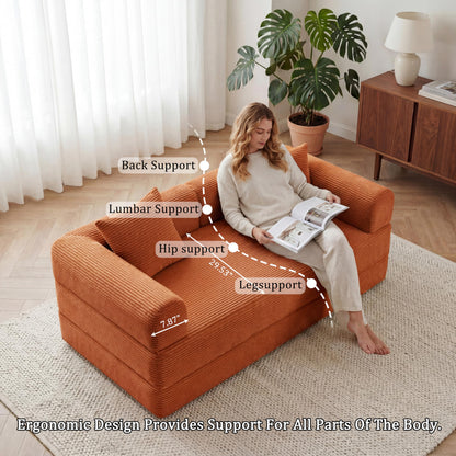 HouseMila 59" Boneless Couch,4-in-1 Futon Sofa Bed Modular Loveseat Sleeper Folding Compressed Couch with Pillows,No Assembly Required Convertible Sofa Bed for Living Room Bedroom Guest Room,Orange