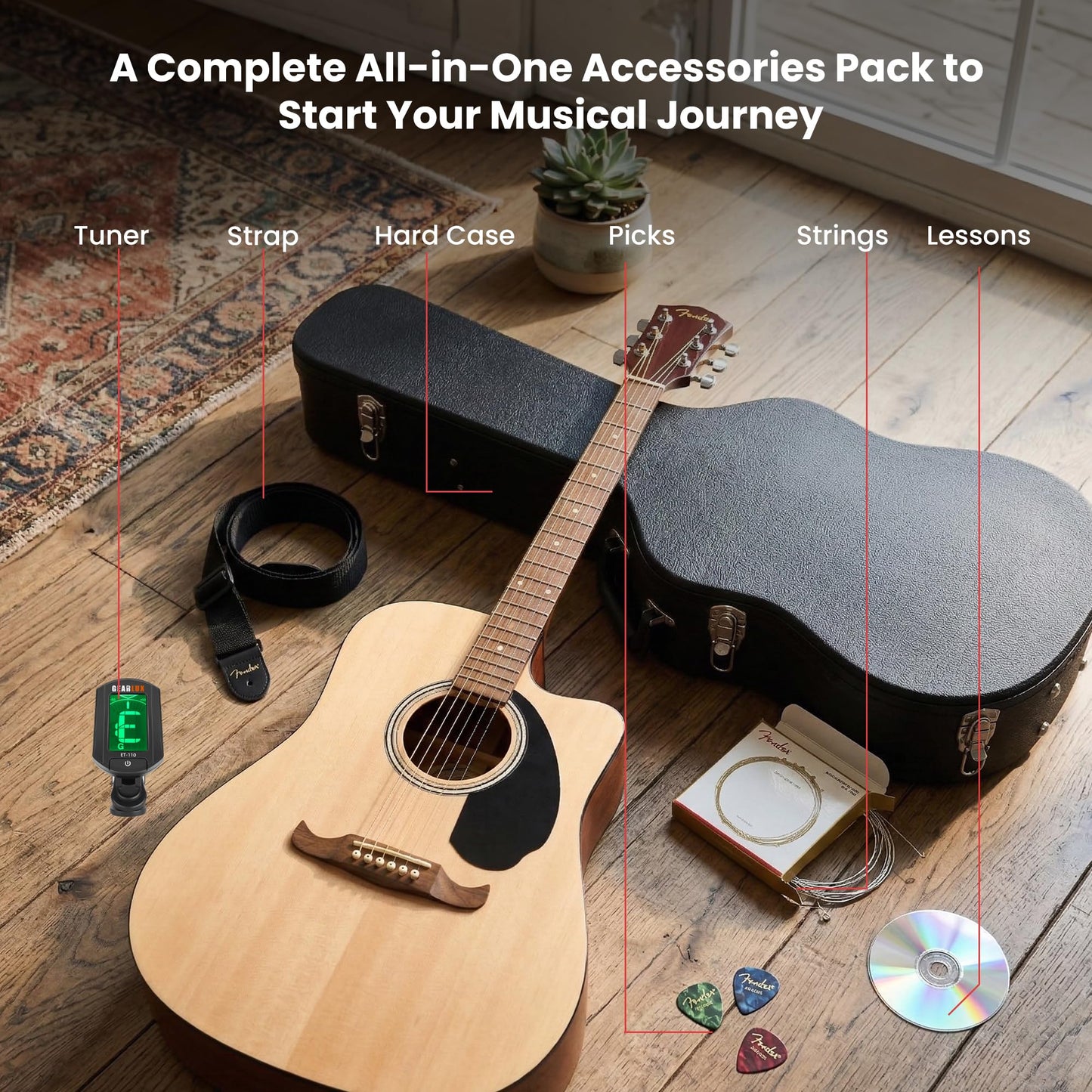 Fender FA-125CE Dreadnought Cutaway Acoustic-Electric Guitar - Natural Bundle with Hard Case, Tuner, Strap, Strings, Picks, and Austin Bazaar Instructional DVD