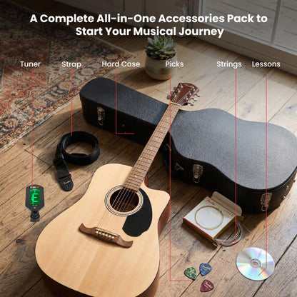 Fender FA-125CE Dreadnought Cutaway Acoustic-Electric Guitar - Natural Bundle with Hard Case, Tuner, Strap, Strings, Picks, and Austin Bazaar Instructional DVD