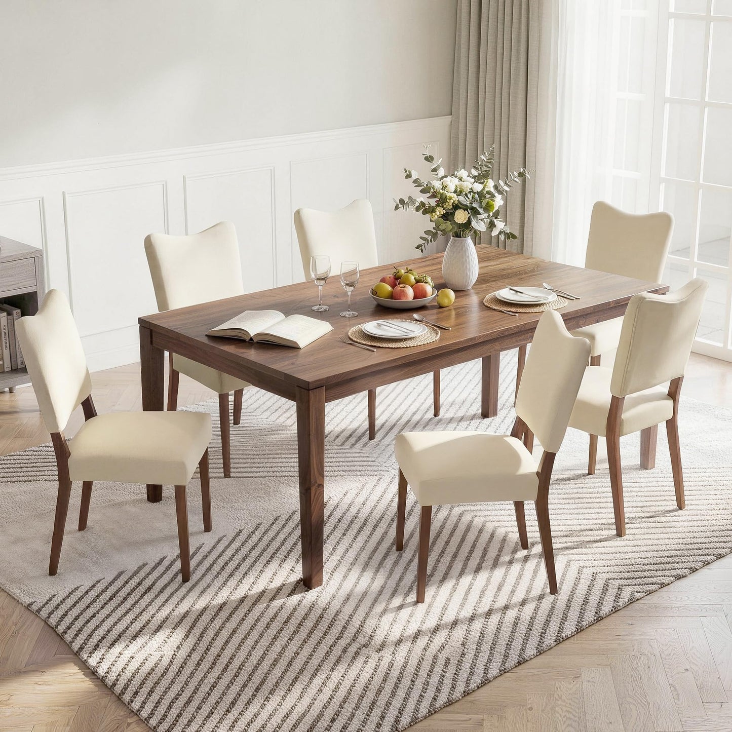 KISLOT Upholstered Dining Chairs Set of 4, Modern Velvet Kitchen Chairs with Solid Wood Legs, High Back Wooden Dining Room Chairs with Dark Walnut Color Legs for Farmhouse Kitchen Dining Room, Linen
