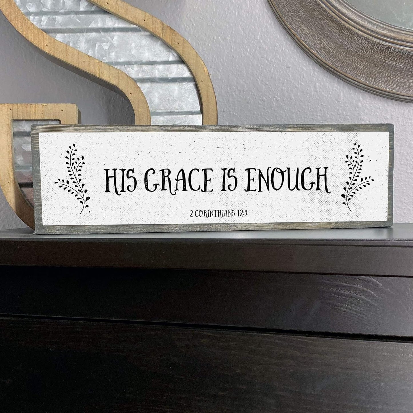 Christian Wall Art - His Grace Is Enough - Beautiful Bible Verse Modern Farmhouse Wall Décor Sign