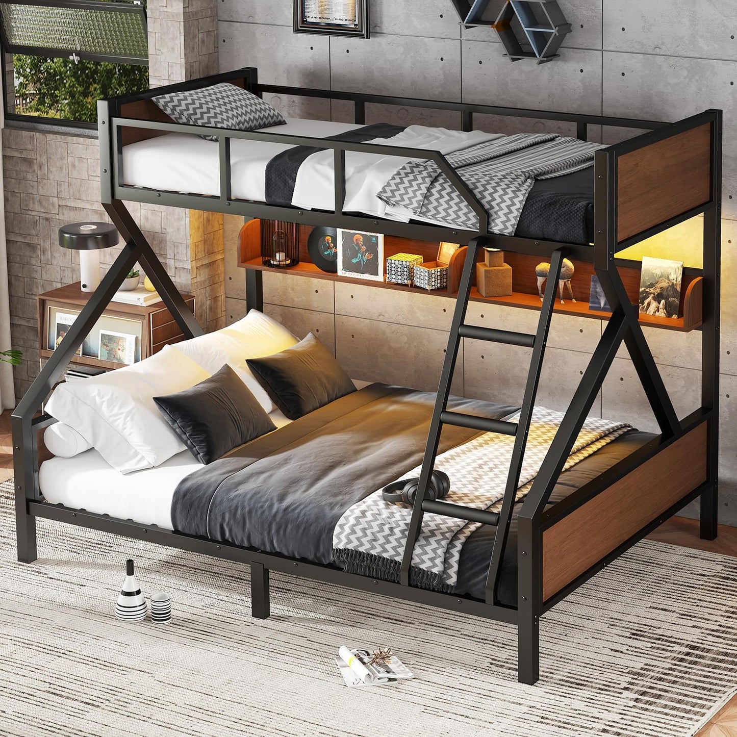 Bellemave Twin XL Over Queen Bunk Bed with Storage Shelf and RGB LED Lights, Adults Bunk Bed with Angle Padded Ladder, Heavy Duty Bunk Beds with Noise-Reducing Rubber Stoppers, Black