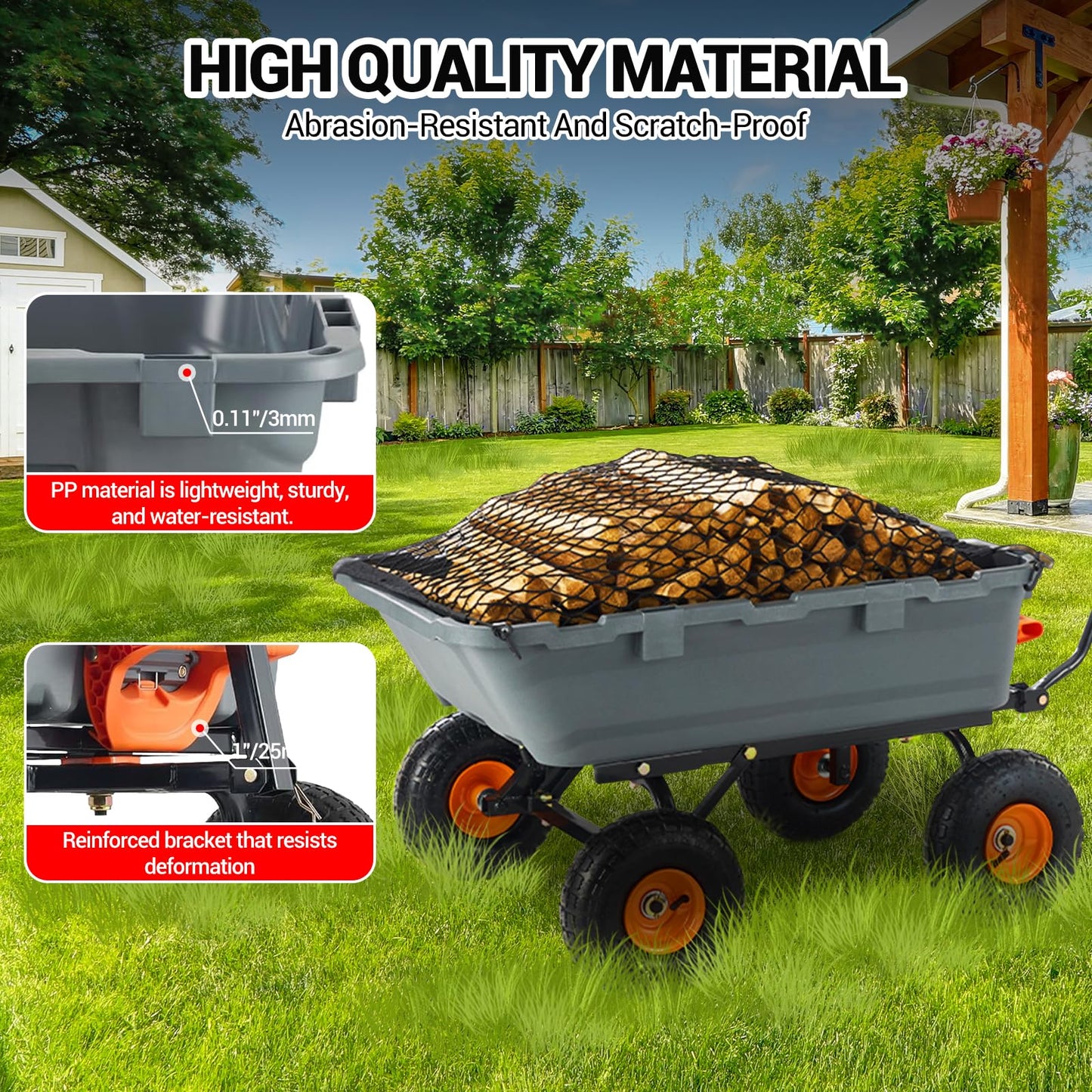 GarveeLife 800 LBS Poly Garden Dump Cart, Heavy-Duty Wheelbarrow with 10 in Tires, 180° Rotating Handle, Steel Frame and Quick Release System Garden Dump Cart for Soil Plants Gardening Tools Wood