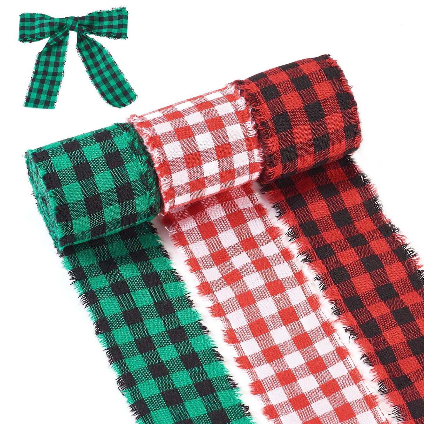 FASHEWELRY 3 Rolls Christmas Plaid Ribbon Cotton Handmade Fringe Wrapping Ribbon Red Green Natural Linen Ribbons for Christmas Tree Bows Decorations Gifts Wrapping