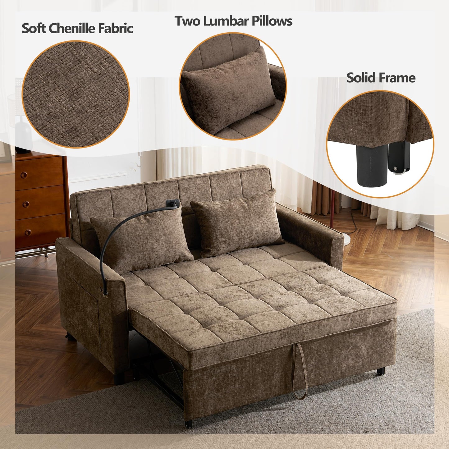 Merax 3 in 1 Convertible Sleeper Sofa Bed, Futon Couches for Living Room with USB Ports | Phone Holder| Reversible Backrest | Pull Out Couch |Small Loveseat, Brown