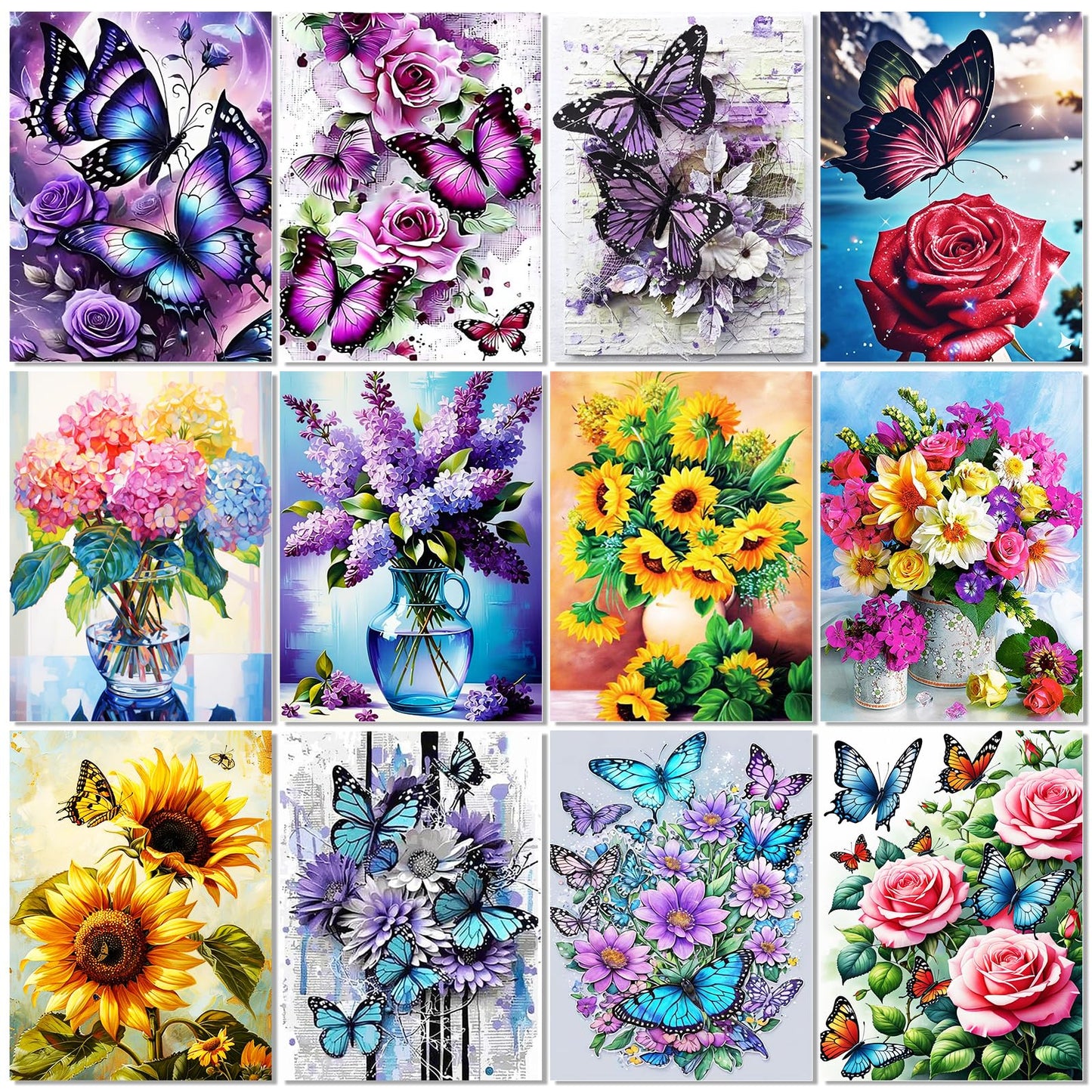 12 Pack Flowers Diamond Art Kits Packs for Adults, 5D Diamond Painting Kit Sets with Tools for Beginners DIY Full Drill Diamonds Paintings Crafts Gem Art by Number Gift Home Wall Decor (12x16 Inch)