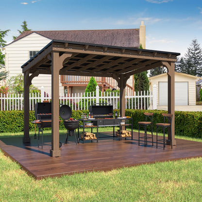 Yardenaler 10 x 12 FT Outdoor Wooden Grill Gazebo with 5.5" Width Wood Posts, Rainwater Drainage, BBQ Gazebo with Sloping Metal Roof for Barbecue, Backyard, Garden, Light Mocha Brown