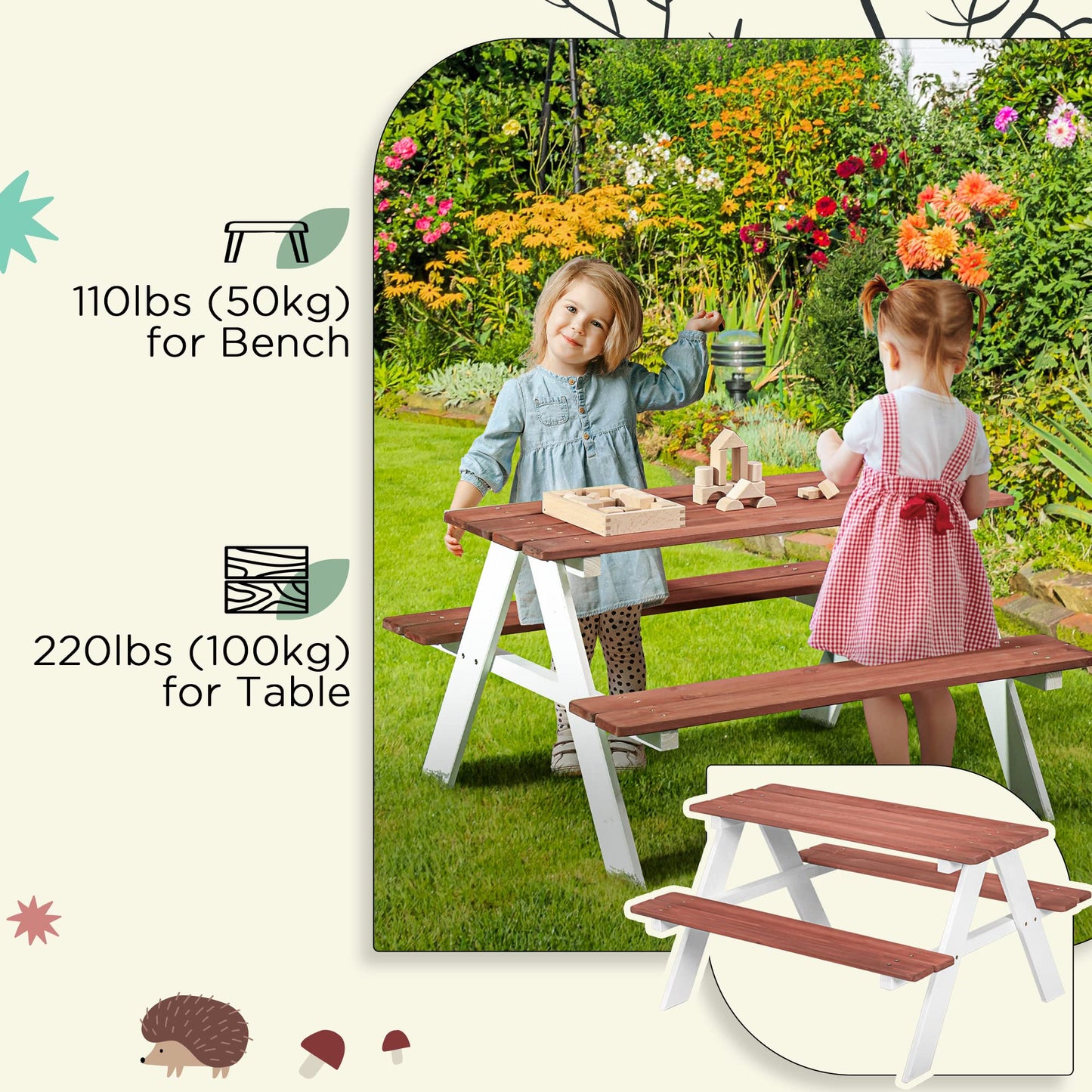 Picnic Table Set, Wooden Table Bench Set, Patio Furniture Outdoor Toys for Garden, Backyard, Aged 3 8 Years Old, Brown