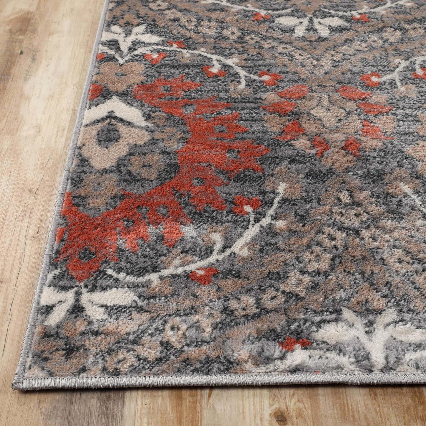 Superior Indoor Area Rug, Modern Oriental Floral Damask, 4' x 6', Jute Backed, Grey Brown for Living Room