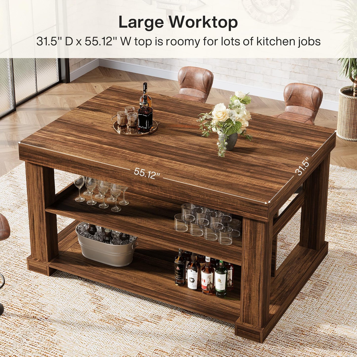 Tribesigns 55" Kitchen Island with Seating and Storage, 3-Tier Farmhouse Wood Stationary Island Table with Large Worktop & Leg Room, Coffee Bar Table with Storage Shelves for Kitchen, Dark Brown