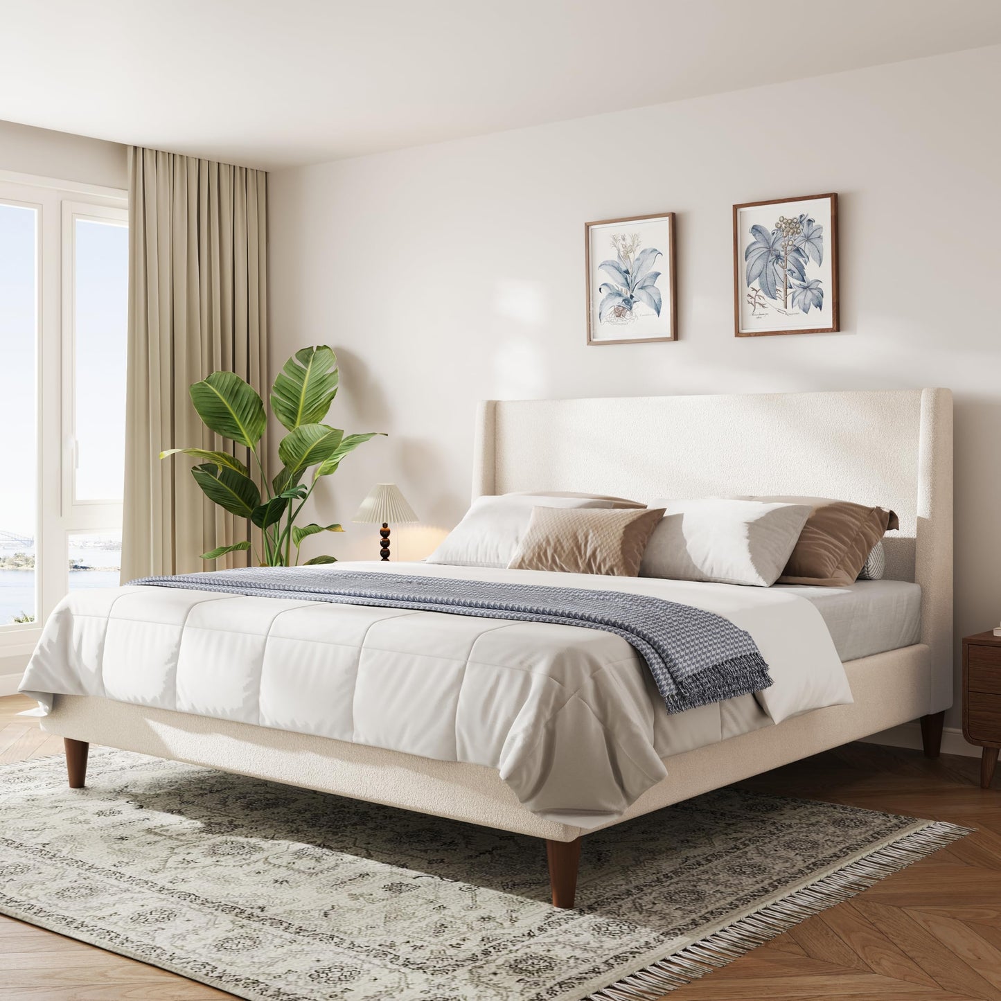 Merax Solid Wood Queen Size Boucle Bed Frame with Wingback Headboard, Modern Upholstered Platform with Walnut Wooden Legs, Strong Wooden Slats, No Box Spring Needed, Easy Assembly, Noise-Free, Ivory