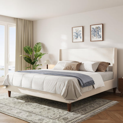 Merax Solid Wood Queen Size Boucle Bed Frame with Wingback Headboard, Modern Upholstered Platform with Walnut Wooden Legs, Strong Wooden Slats, No Box Spring Needed, Easy Assembly, Noise-Free, Ivory