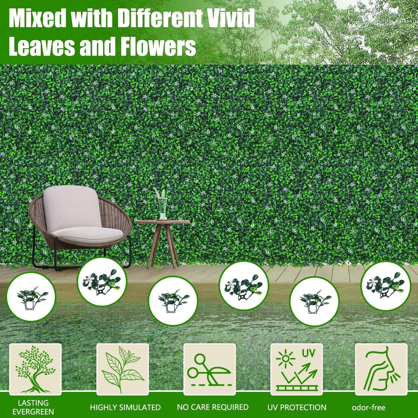 EverNature EverNture 71"x144"(72 SQFT) Grass Wall Panels, Artificial Grass Backdrop, Fake Greenery Plant Boxwood Roll with Flower, Green Wall Decor for Outdoor Indoor Patio Garden Backyard