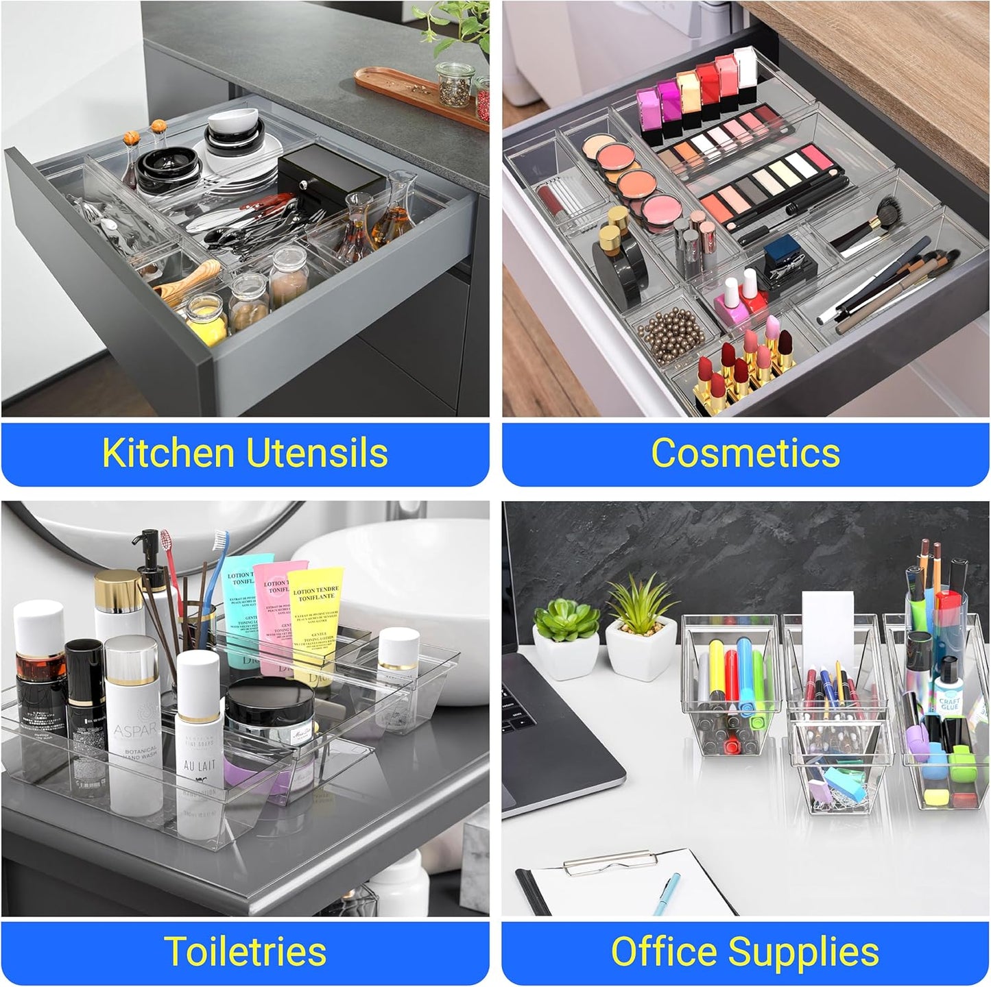 YAN & HIN Set of 72 Stackable Non-Slip Acrylic Organizers for Makeup Tray, Kitchen Drawer, Desk Drawer Organizer