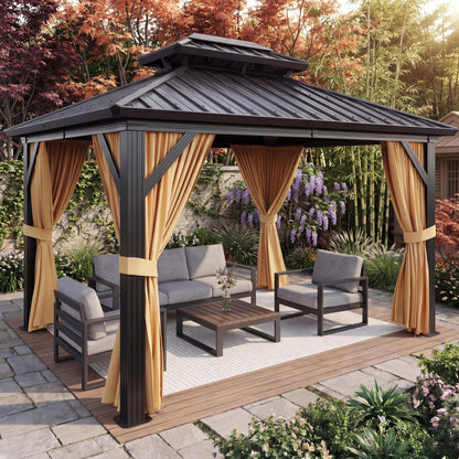 10 x 12 ft Hardtop Gazebo, Galvanized Steel Double Roof with Curtains and Netting, Aluminum Frame Patio Gazebo for Patio, Garden and Lawn