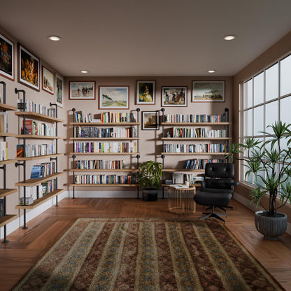 Wallniture 60" Long 5 Shelf Bookcase with 9.25" Deep and 1.5" Thick Real Solid Wood Boards, Standing Bookshelf with Pipe Style Wall Support - 5 Tier - Burnt