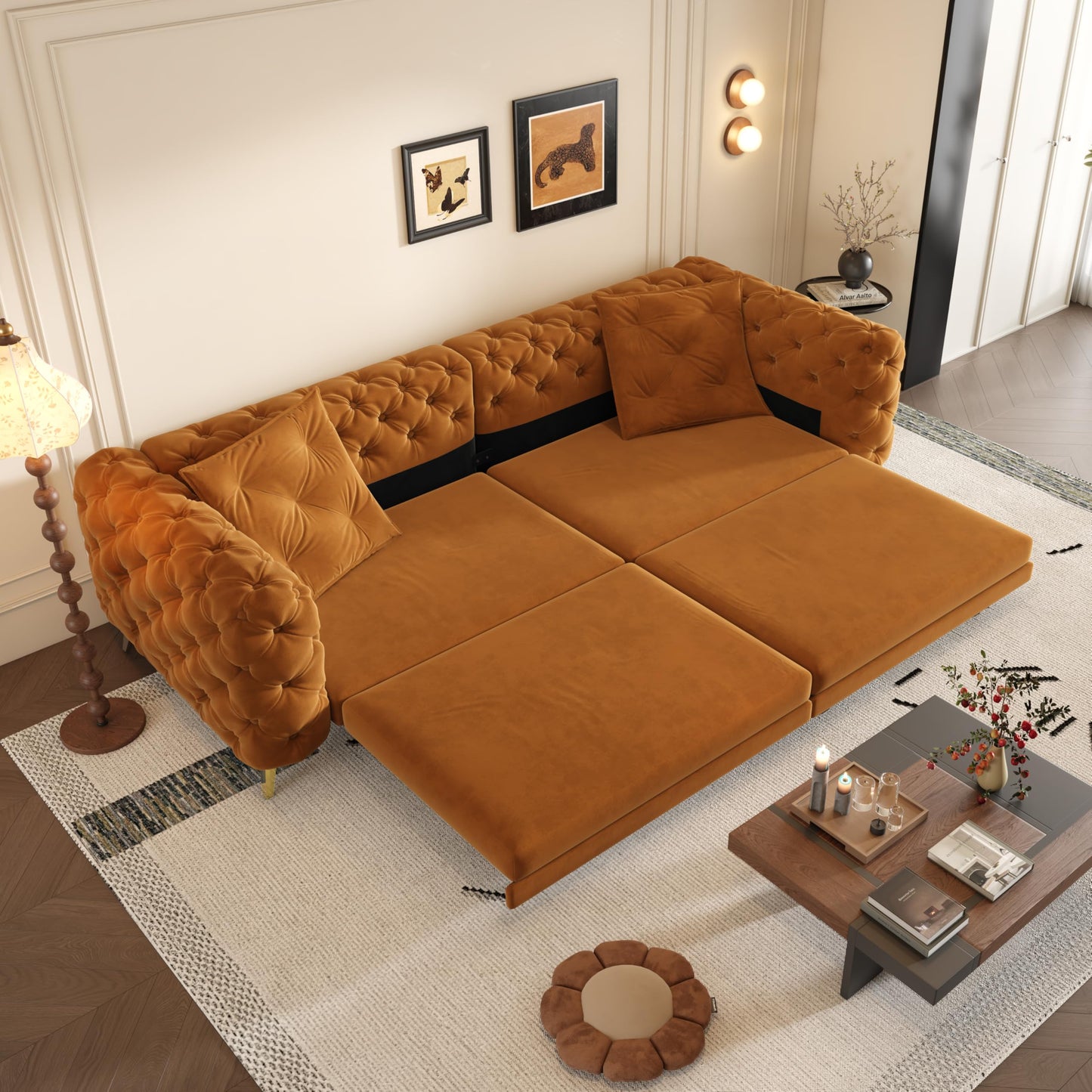 KEIKI 97.7" Convertible Sleeper Sofa Bed, 3 in 1 Pull Out Sofa Bed, 4-Seater Button Tufted Couch with Movable Ottoman for Living Room, Bedroom, Apartment, Orange