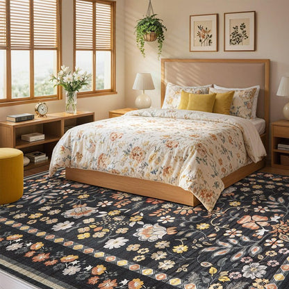 UERMEI Runner Rug for Hallways Kitchen: 2x6 Washable Area Rug Boho Floral Soft Long Rug - Non-Slip Low Pile Throw Indoor Carpet for Entryway Kitchen Bedroom Laundry Bathroom - Black Grey