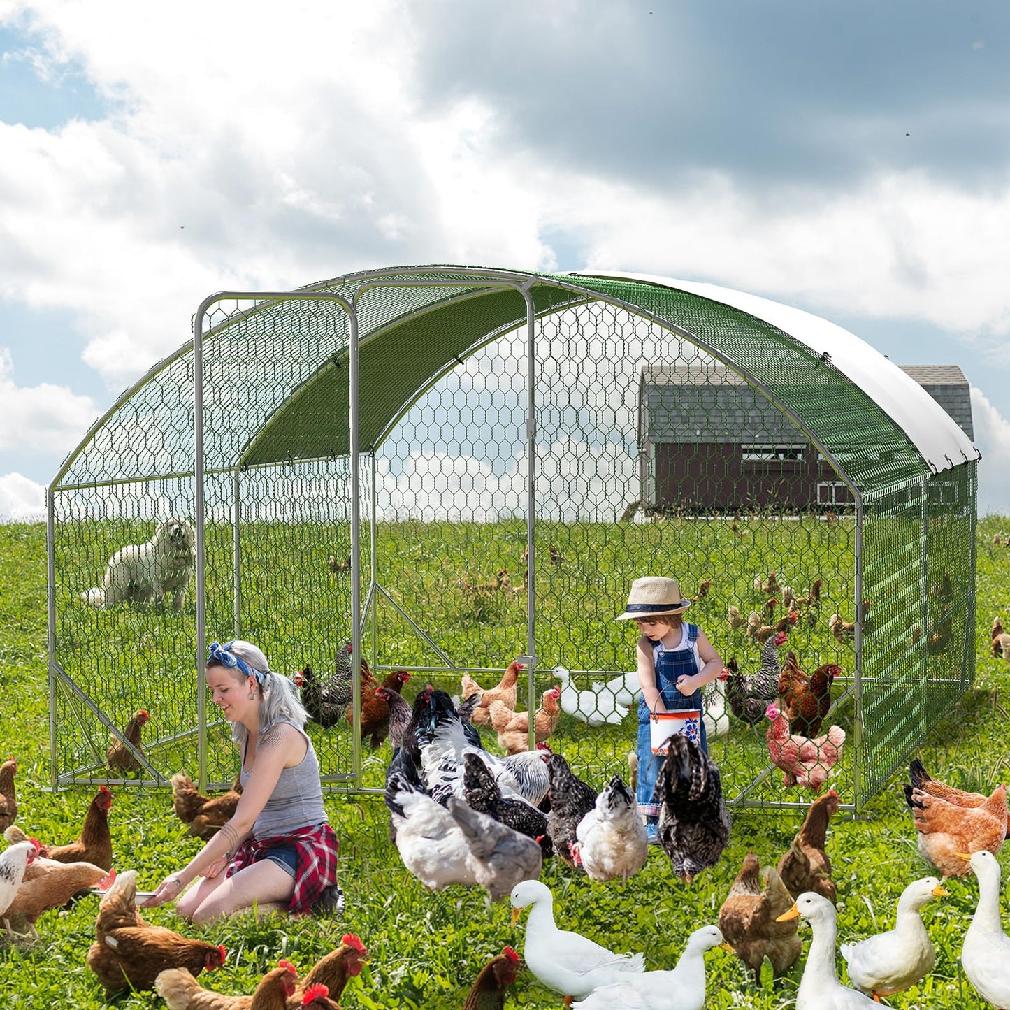 Large Metal Chicken Coop, Doom Roof Chicken Run for Yard, Walk-in Poultry Cage with Waterproof and Anti-UV Cover for Outdoor Backyard Farm (9.8x13.1x6.5FT)