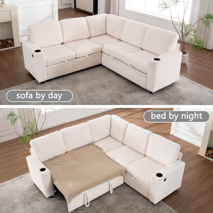 KEIKI 83" 4Seat Modular Sectional Sleeper Pull Out Bed Corduroy Sofa Couch with Chaise Storage Reversible USB Cup Holders for Modern Home Home Office Family Friendly Refined Design White
