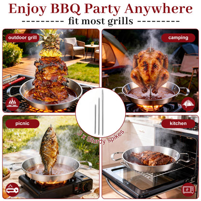 Al Pastor Skewer for Grill, HaSteeL Stainless Steel Shawarma Pan, Vertical Skewer Stand with 3 Removable Spikes(8"/10"/12") & Brush, Ideal for Tacos Al Pastor, Gyros, Shawarma Kebabs, Dishwasher Safe