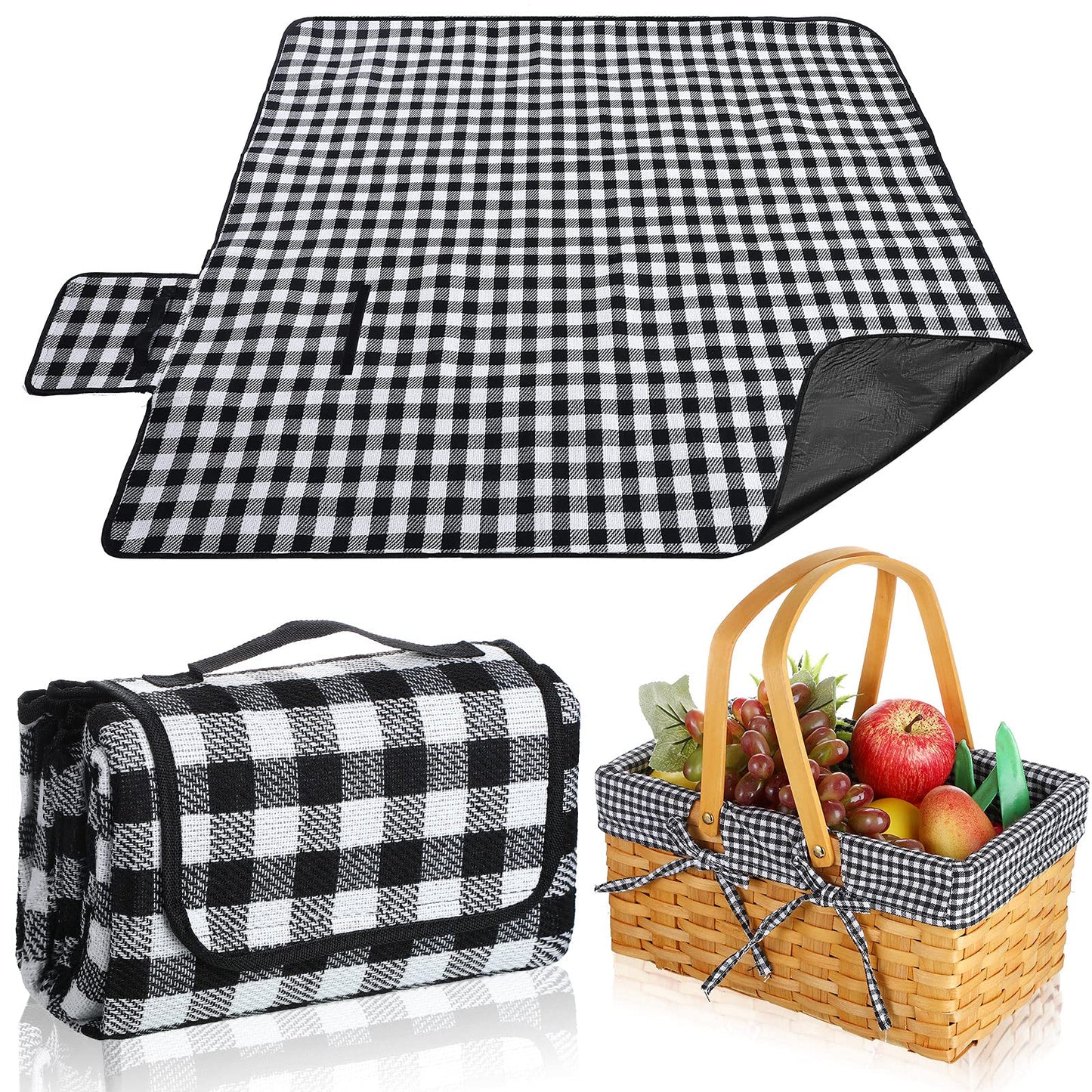 Patelai Wicker Picnic Basket Natural Hand Woven Basket with Double Folding Handles, Willow Hamper Baskets with Blanket for Outdoor Picnic Summer Spring Camp Family(Black and White Grid)