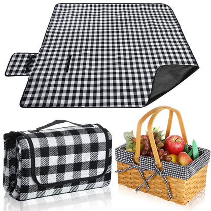 Patelai Wicker Picnic Basket Natural Hand Woven Basket with Double Folding Handles, Willow Hamper Baskets with Blanket for Outdoor Picnic Summer Spring Camp Family(Black and White Grid)